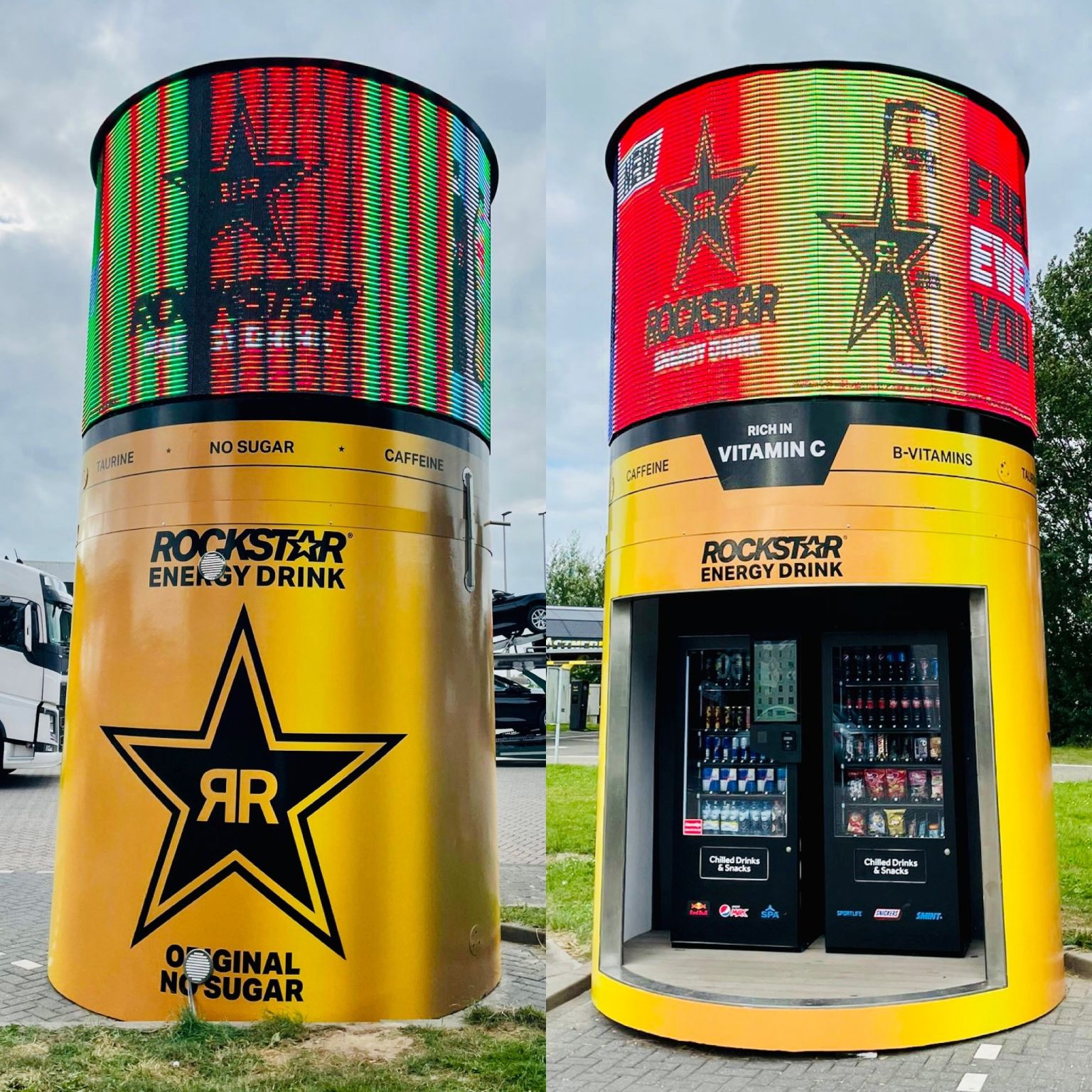 Вендинговая башня Rockstar® Energy Drink – комбинация интеллектуальных торговых автоматов с 360-градусным светодиодным экраном наверху для продвижения товаров