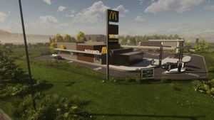 Визуализация сервисной станции с рестораном McDonald's в Шотландии