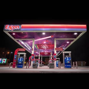 Масштабная космическая сцена на навесе АЗС